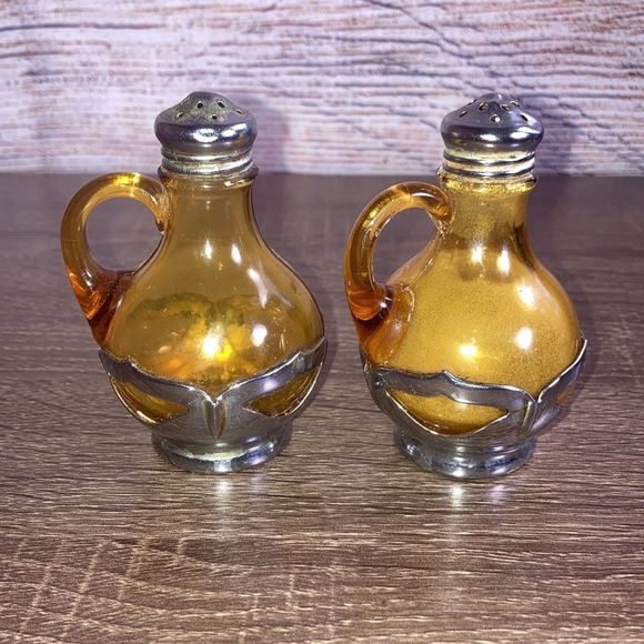 Salt & Pepper Shakers VTG Amber Glass & Chrome Metal Farber Bros Set - Picture 4 of 14